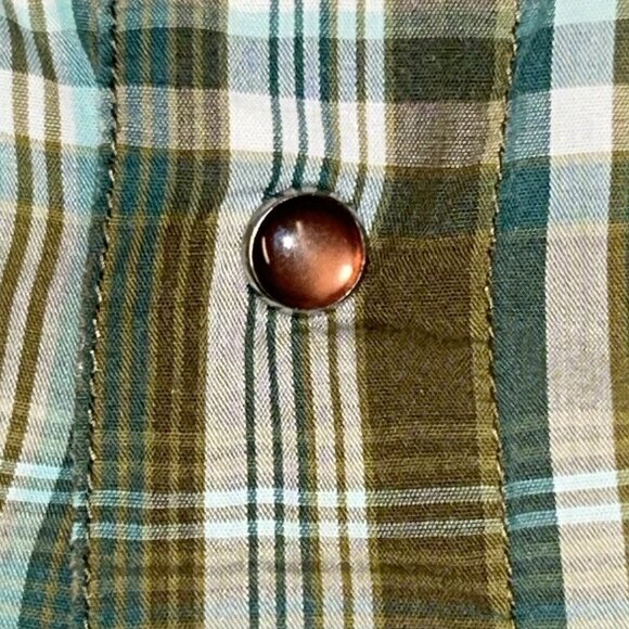 Prana Shirt Mens Large Green Brown Plaid Pearl Snap Short Sleeve Pockets Western - Picture 6 of 11